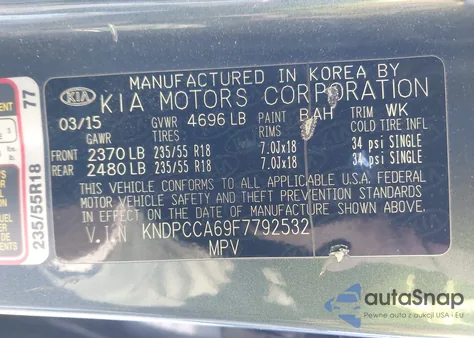 2015 Kia Sportage Sx z USA, uszkodzony, nr VIN KNDPCCA69F7792532